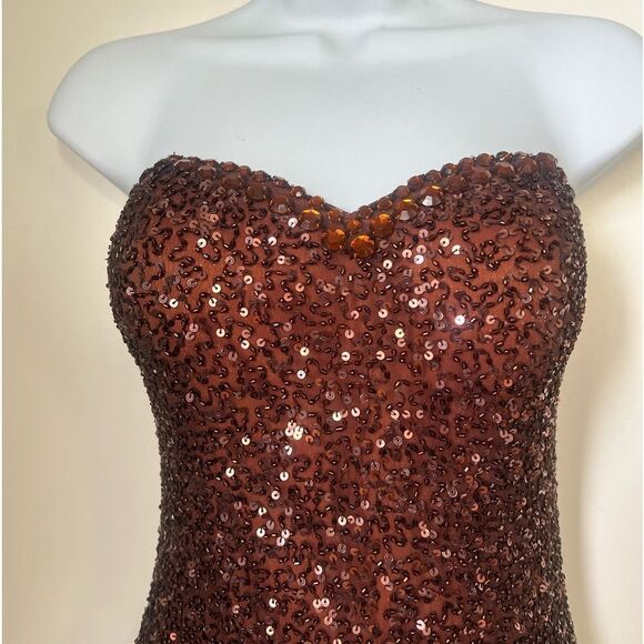 Scala Sequin Silk Strapless Bodycon Copper Brown Mini Sparkly Glam Mini Dress  6 - Picture 7 of 13